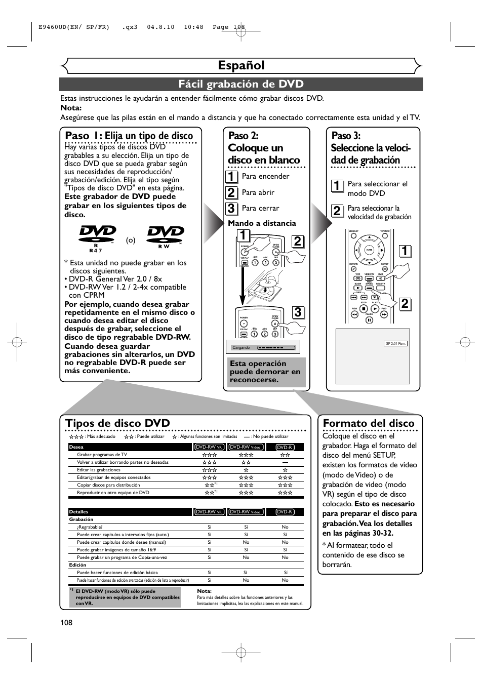 Español, Fácil grabación de dvd, Paso 3: seleccione la veloci- dad de grabación | Paso 1: elija un tipo de disco, Paso 2: coloque un disco en blanco, Formato del disco, Tipos de disco dvd, Mando a distancia para abrir para cerrar, Para encender, Para seleccionar la velocidad de grabación | FUNAI FDRV90E User Manual | Page 108 / 116
