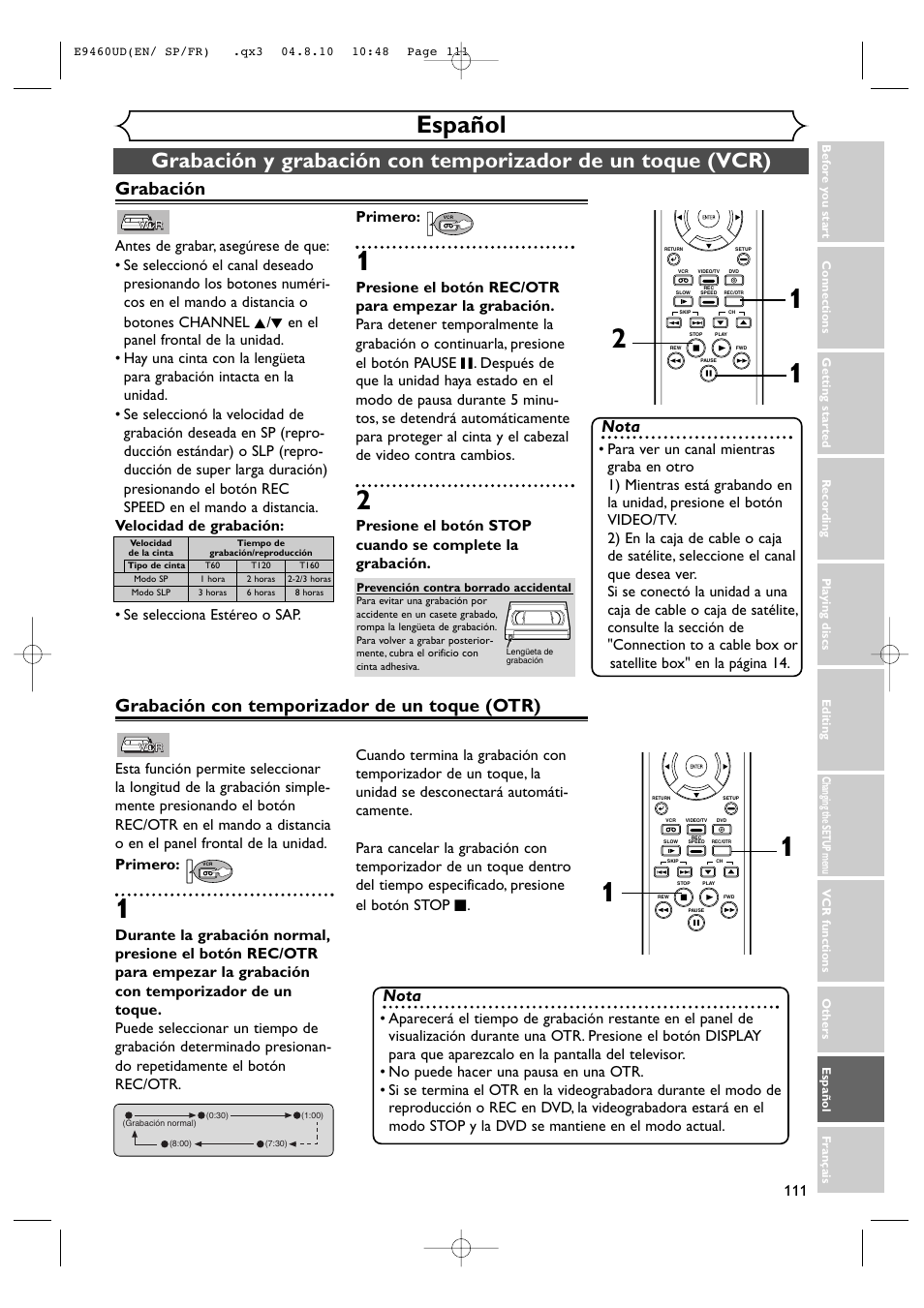 Español, Grabación con temporizador de un toque (otr), Grabación | Nota | FUNAI FDRV90E User Manual | Page 111 / 116