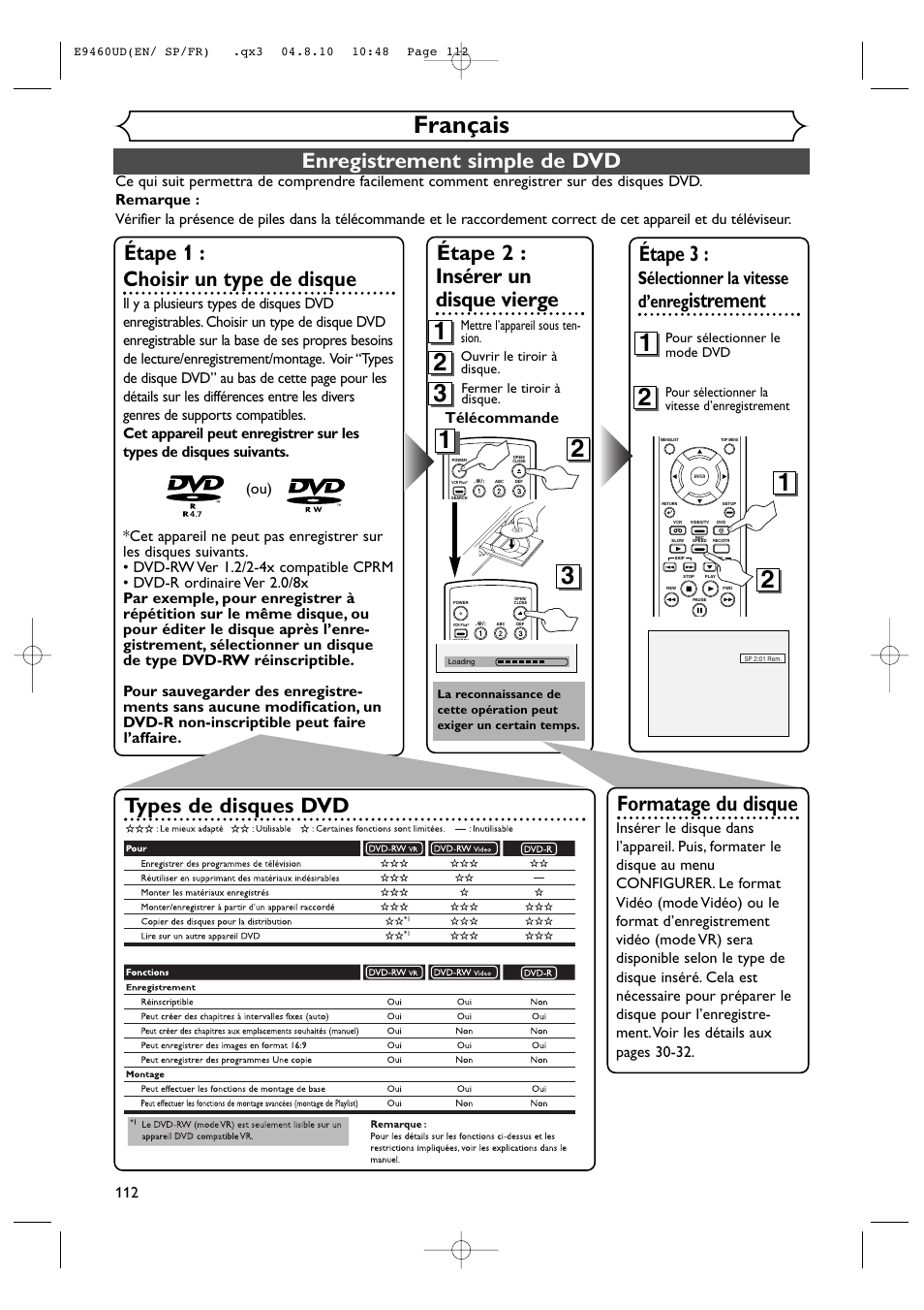 Français, Enregistrement simple de dvd, Étape 3 | Istrement, Étape 1 : choisir un type de disque, Étape 2 : insérer un disque vierge, Types de disques dvd formatage du disque, Sélectionner la vitesse d’enreg, Télécommande | FUNAI FDRV90E User Manual | Page 112 / 116