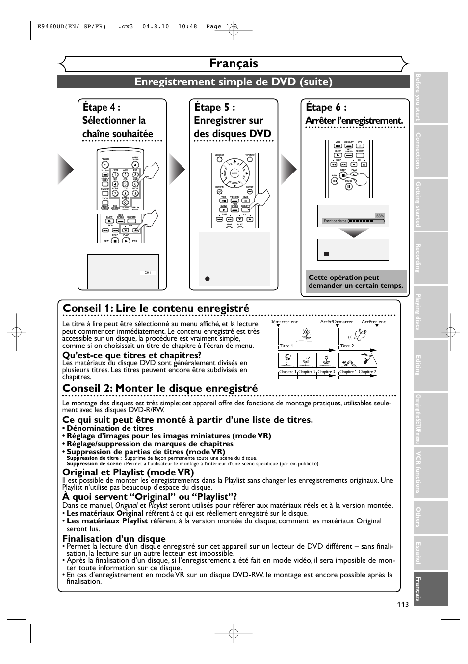 Français, Enregistrement simple de dvd (suite), Conseil 1: lire le contenu enregistré | Conseil 2: monter le disque enregistré, Arrêter l’enregistrement, Qu’est-ce que titres et chapitres, Original et playlist (mode vr), À quoi servent “original” ou “playlist, Finalisation d’un disque, Cette opération peut demander un certain temps | FUNAI FDRV90E User Manual | Page 113 / 116