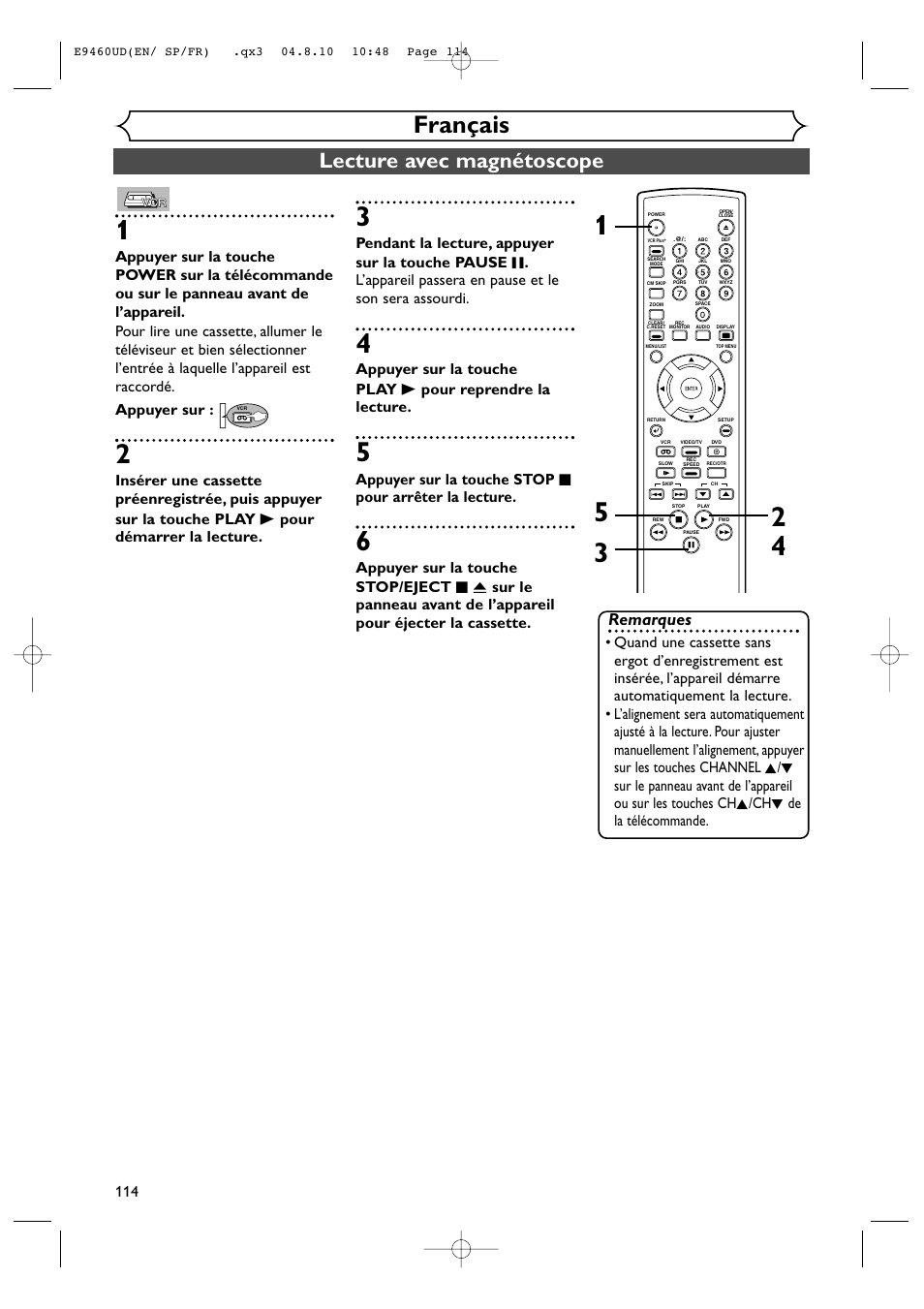 Français, Lecture avec magnétoscope, Remarques | FUNAI FDRV90E User Manual | Page 114 / 116