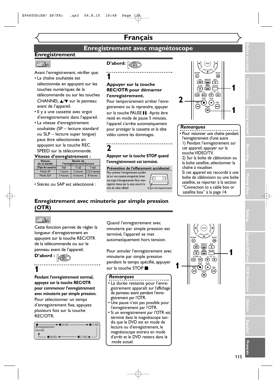 Français, Enregistrement avec magnétoscope, Enregistrement | Remarques | FUNAI FDRV90E User Manual | Page 115 / 116