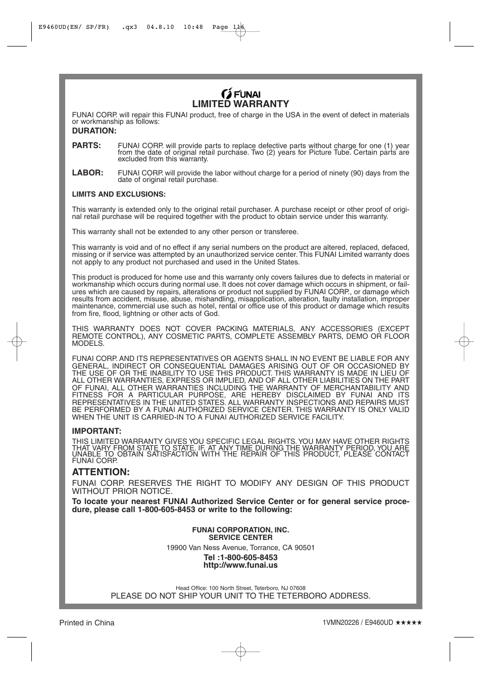 Limited warranty, Attention | FUNAI FDRV90E User Manual | Page 116 / 116