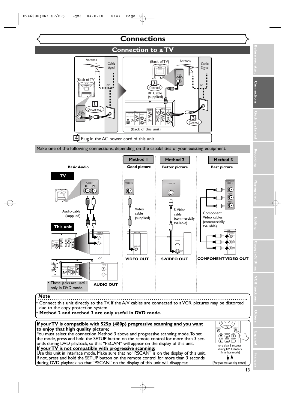 Connections, Connection to a tv, Plug in the ac power cord of this unit | Audio out component video out, Coaxial optical, Audio out digital audio out component video out, Method 2 method 3, This unit, Method 1, These jacks are useful only in dvd mode | FUNAI FDRV90E User Manual | Page 13 / 116