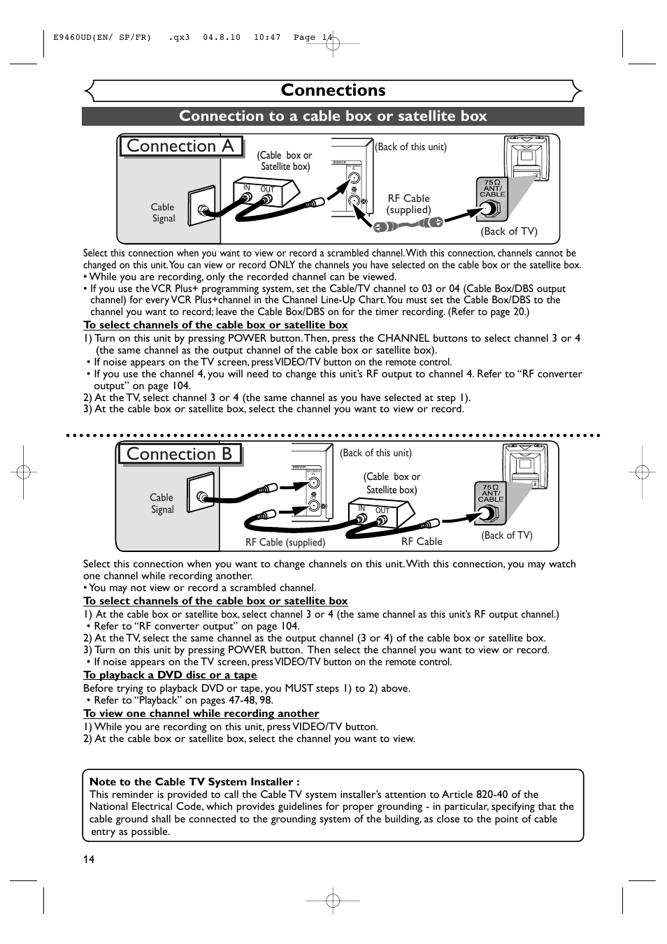 Connection a, Connection b, Connections | Connection to a cable box or satellite box, Rf cable (supplied) (back of this unit), Back of tv), Cable box or satellite box), Rf cable (supplied) rf cable (back of tv), Cable box or satellite box) cable signal, Cable signal | FUNAI FDRV90E User Manual | Page 14 / 116
