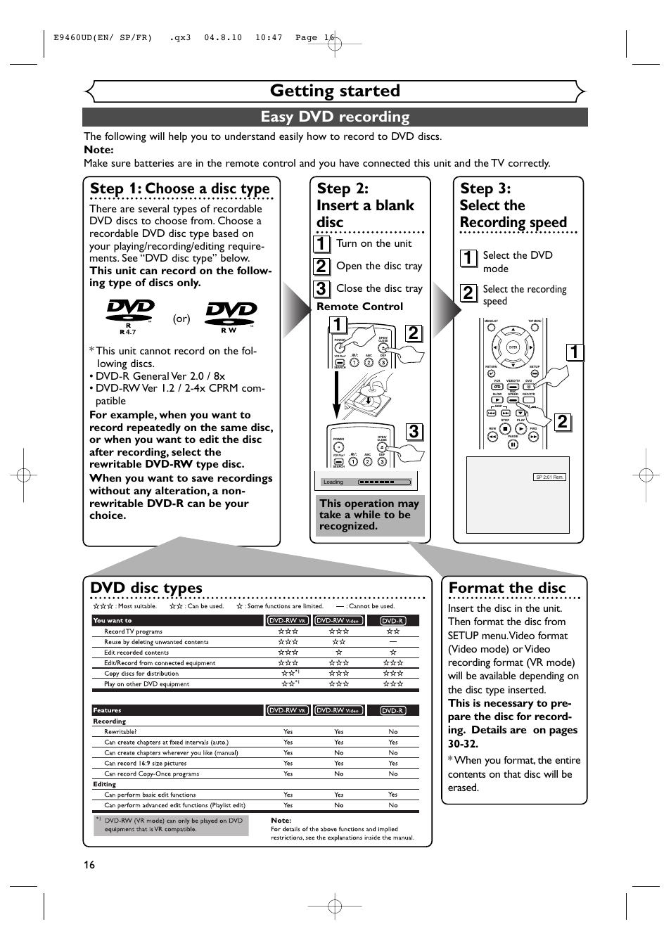 Getting started, Easy dvd recording, Step 3: select the recording speed | Step 1: choose a disc type, Step 2: insert a blank disc, Format the disc, Dvd disc types, Turn on the unit, Select the recording speed | FUNAI FDRV90E User Manual | Page 16 / 116