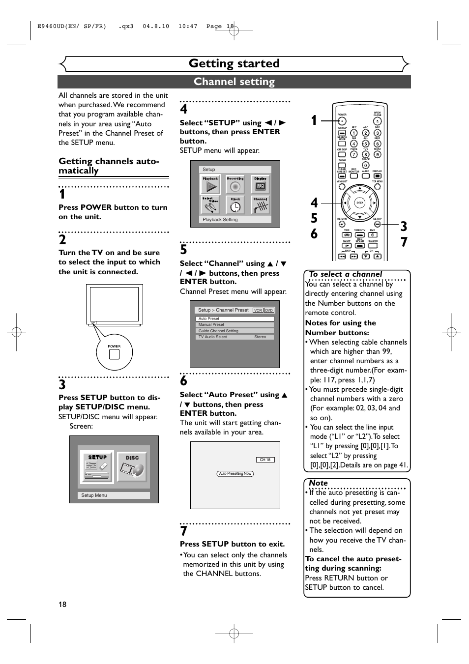 Getting started, Channel setting, Getting channels auto- matically | Press power button to turn on the unit | FUNAI FDRV90E User Manual | Page 18 / 116