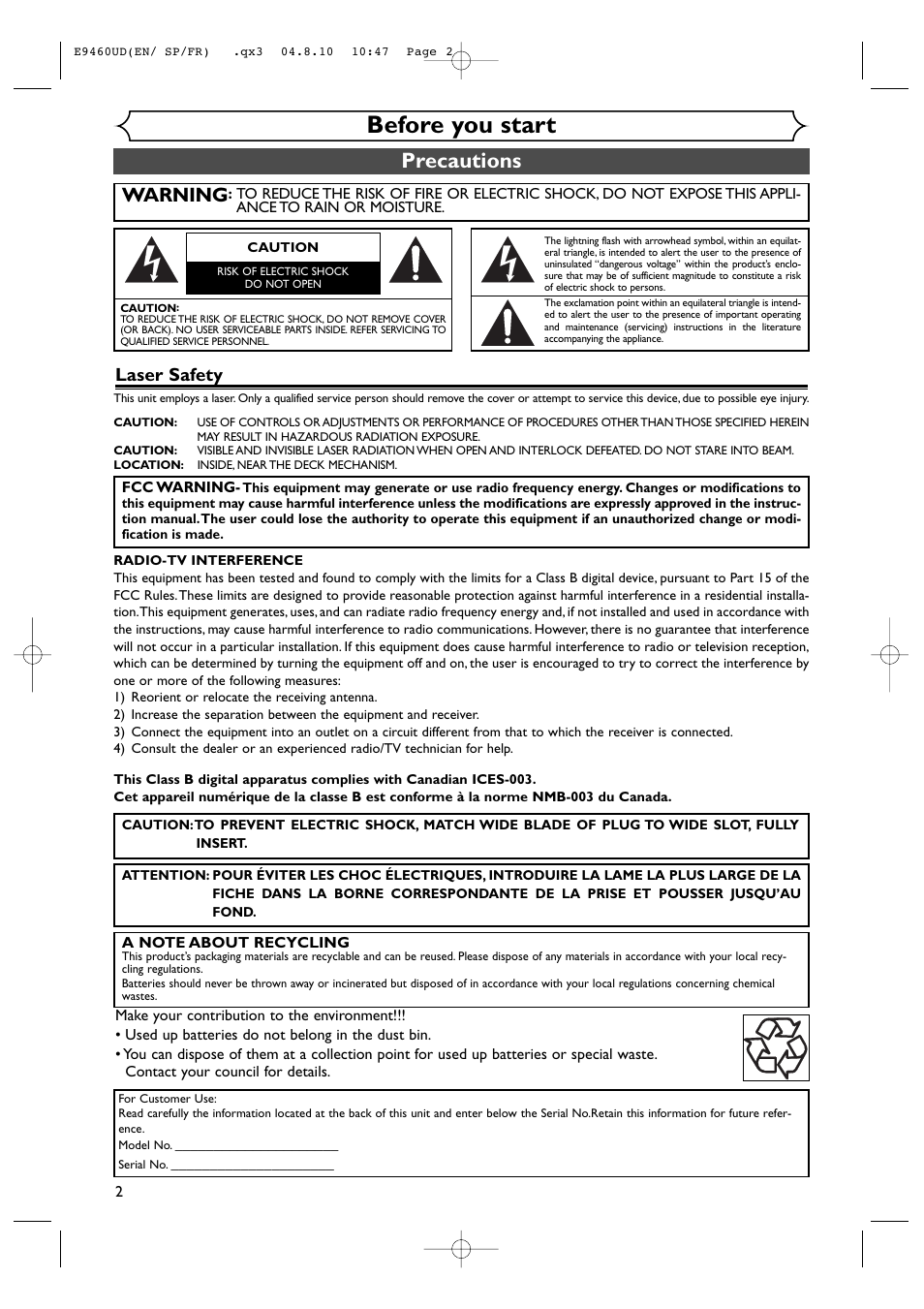 Before you start, Precautions, Warning | Laser safety | FUNAI FDRV90E User Manual | Page 2 / 116