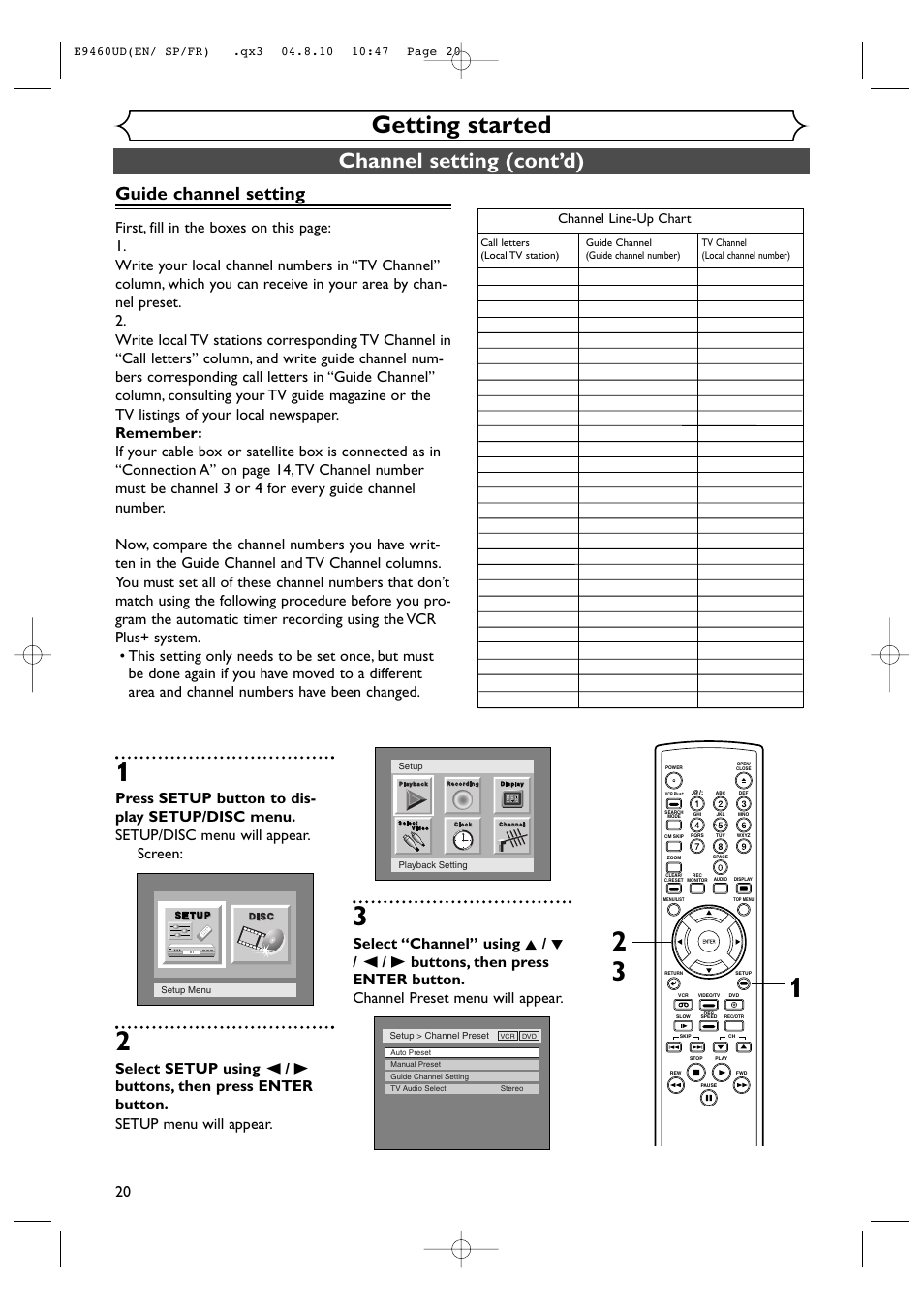 Getting started, Channel setting (cont’d), Guide channel setting | Channel line-up chart | FUNAI FDRV90E User Manual | Page 20 / 116