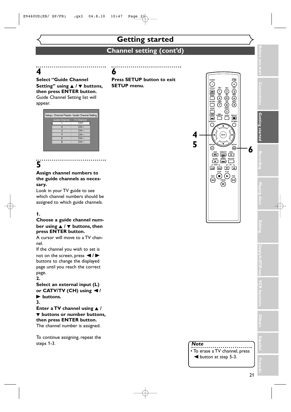 Getting started, Channel setting (cont’d), Press setup button to exit setup menu | FUNAI FDRV90E User Manual | Page 21 / 116