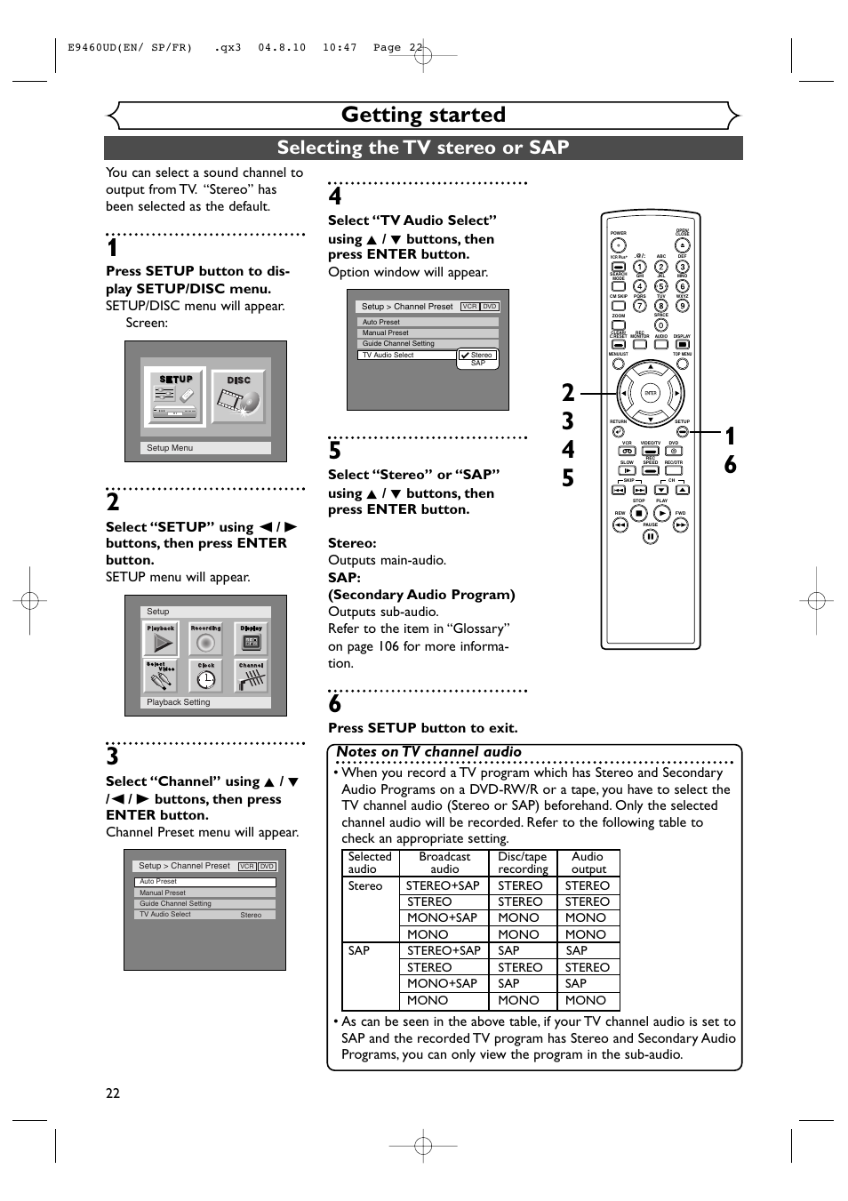 Getting started, Selecting the tv stereo or sap, Press setup button to exit | FUNAI FDRV90E User Manual | Page 22 / 116