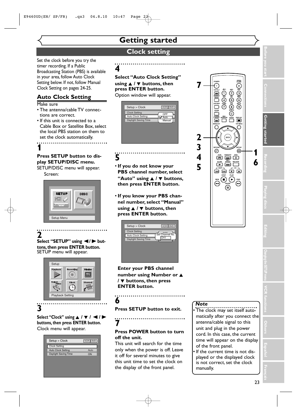 Getting started, Clock setting, Auto clock setting | Press setup button to exit | FUNAI FDRV90E User Manual | Page 23 / 116