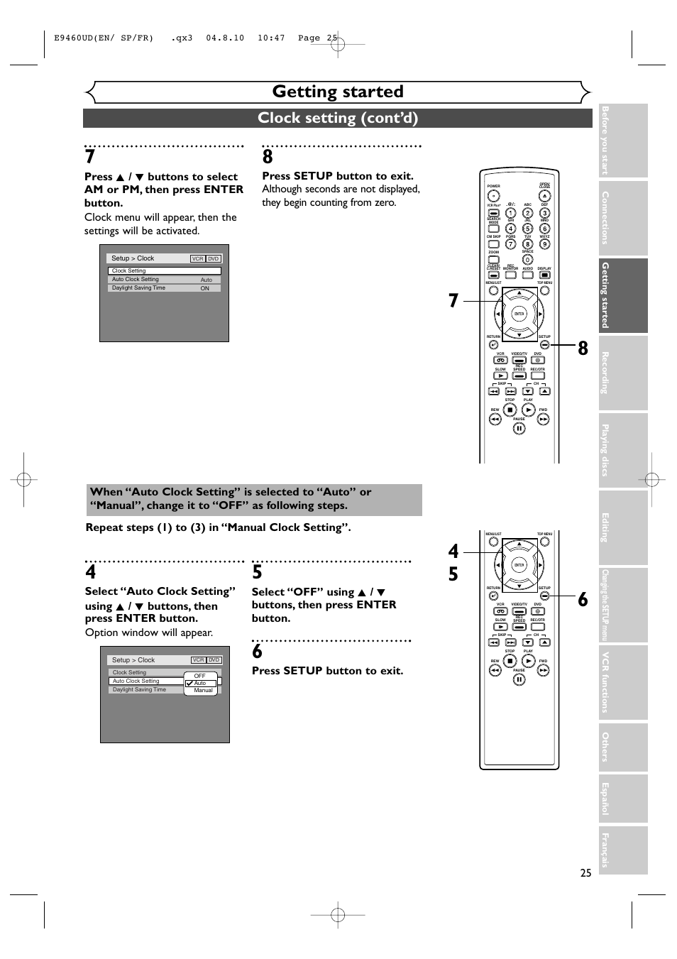 Getting started, Clock setting (cont’d), Press setup button to exit | FUNAI FDRV90E User Manual | Page 25 / 116