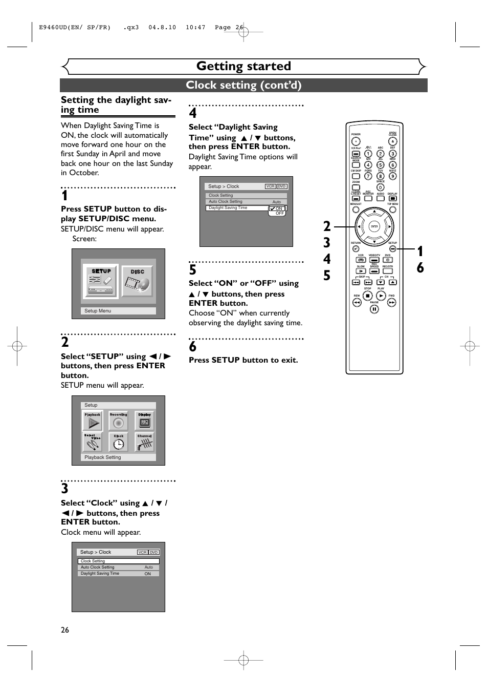 Getting started, Clock setting (cont’d), Setting the daylight sav- ing time | Press setup button to exit | FUNAI FDRV90E User Manual | Page 26 / 116