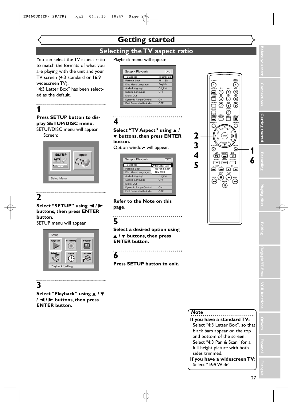 Getting started, Selecting the tv aspect ratio, Playback menu will appear | Press setup button to exit | FUNAI FDRV90E User Manual | Page 27 / 116