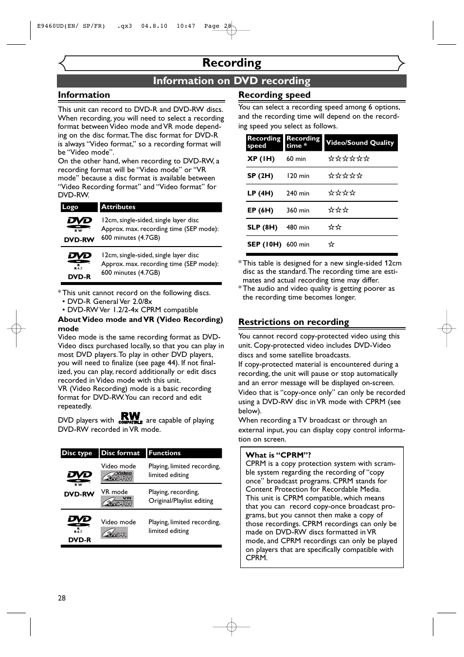 Recording, Information on dvd recording, Information | Recording speed, Restrictions on recording | FUNAI FDRV90E User Manual | Page 28 / 116