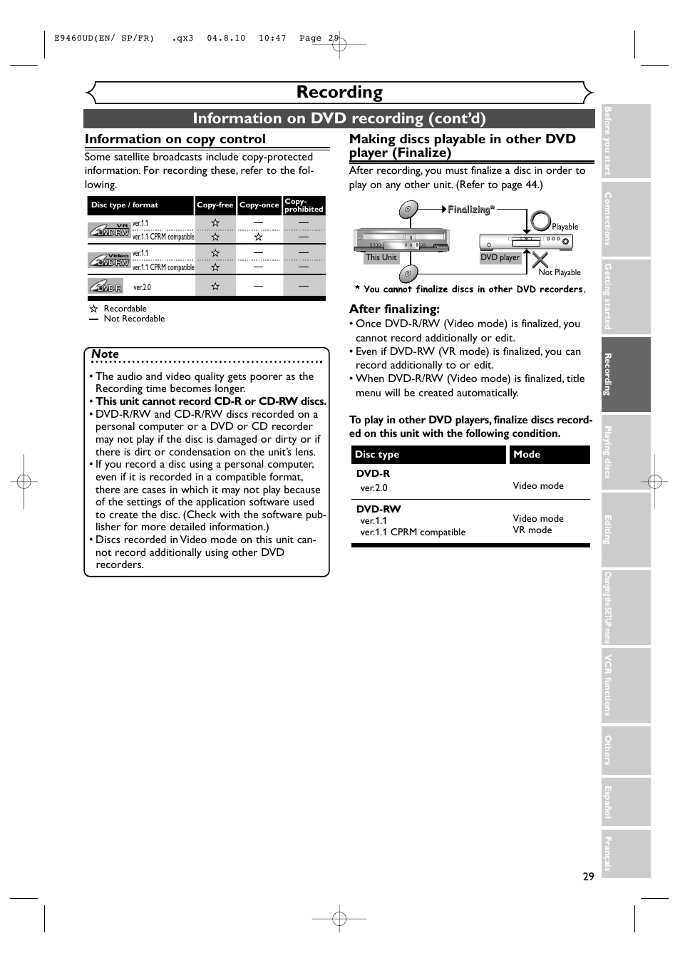 Recording, Information on dvd recording (cont’d), Information on copy control | FUNAI FDRV90E User Manual | Page 29 / 116