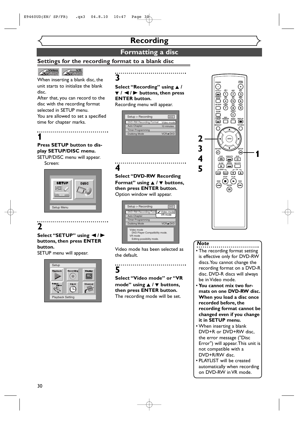 Recording, Formatting a disc, Settings for the recording format to a blank disc | FUNAI FDRV90E User Manual | Page 30 / 116