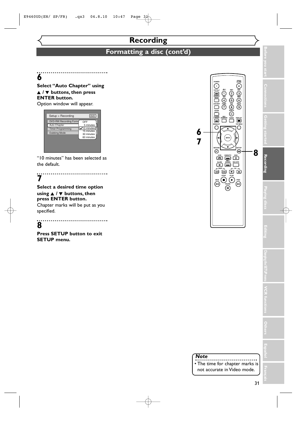Recording, Formatting a disc (cont’d), Press setup button to exit setup menu | FUNAI FDRV90E User Manual | Page 31 / 116