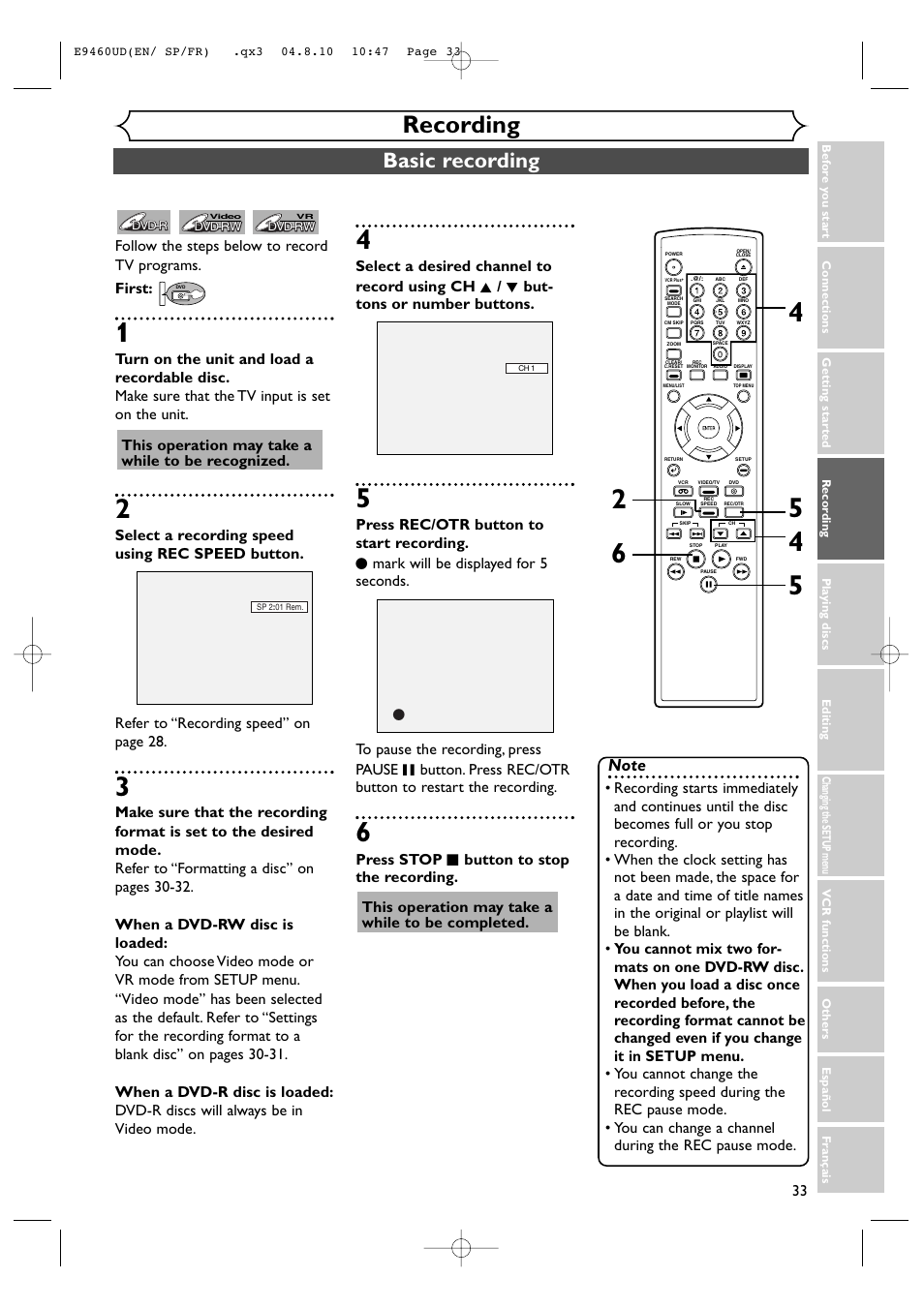 Recording, Basic recording, This operation may take a while to be recognized | FUNAI FDRV90E User Manual | Page 33 / 116