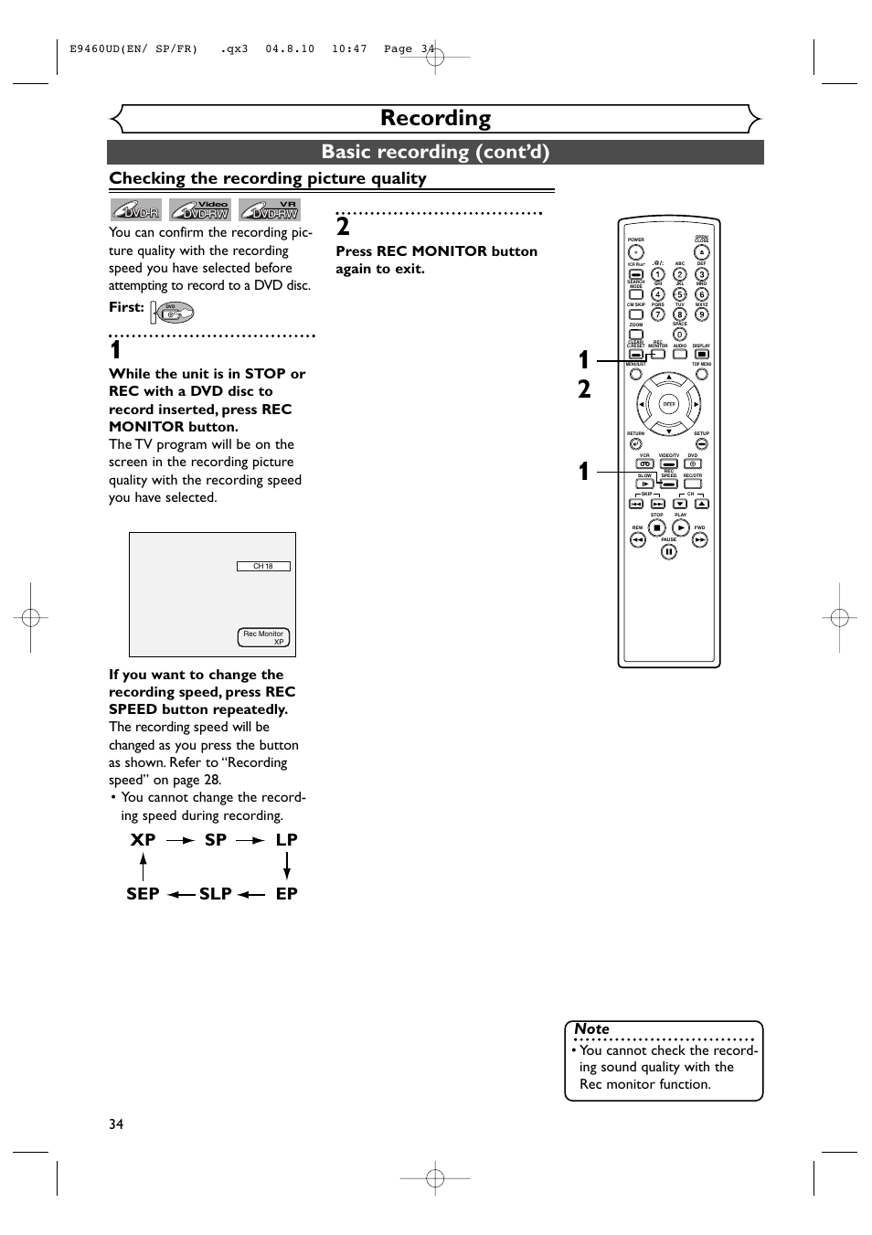 Recording, Basic recording (cont’d), Xp sp lp ep slp sep | Checking the recording picture quality, Press rec monitor button again to exit | FUNAI FDRV90E User Manual | Page 34 / 116