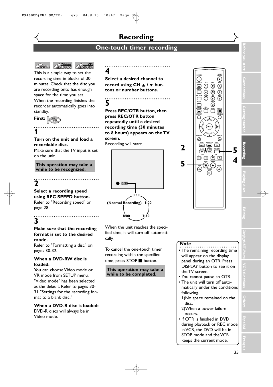 Recording, One-touch timer recording, This operation may take a while to be recognized | FUNAI FDRV90E User Manual | Page 35 / 116
