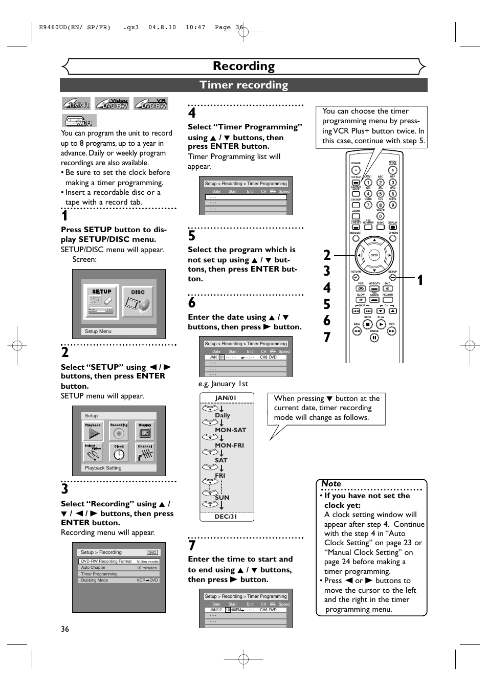 Recording, Timer recording | FUNAI FDRV90E User Manual | Page 36 / 116
