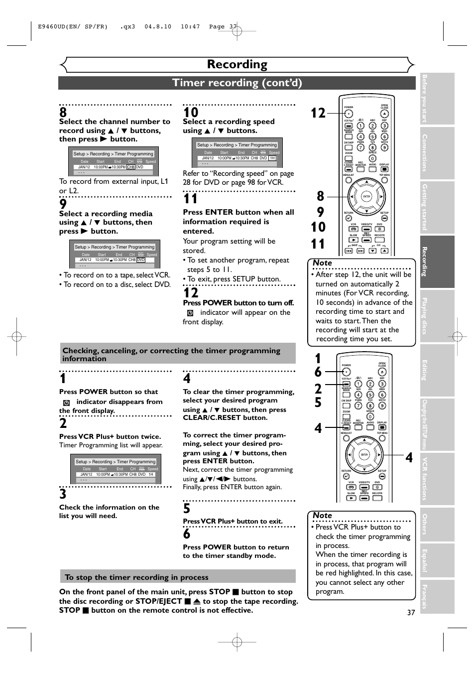 Recording, Timer recording (cont’d) | FUNAI FDRV90E User Manual | Page 37 / 116