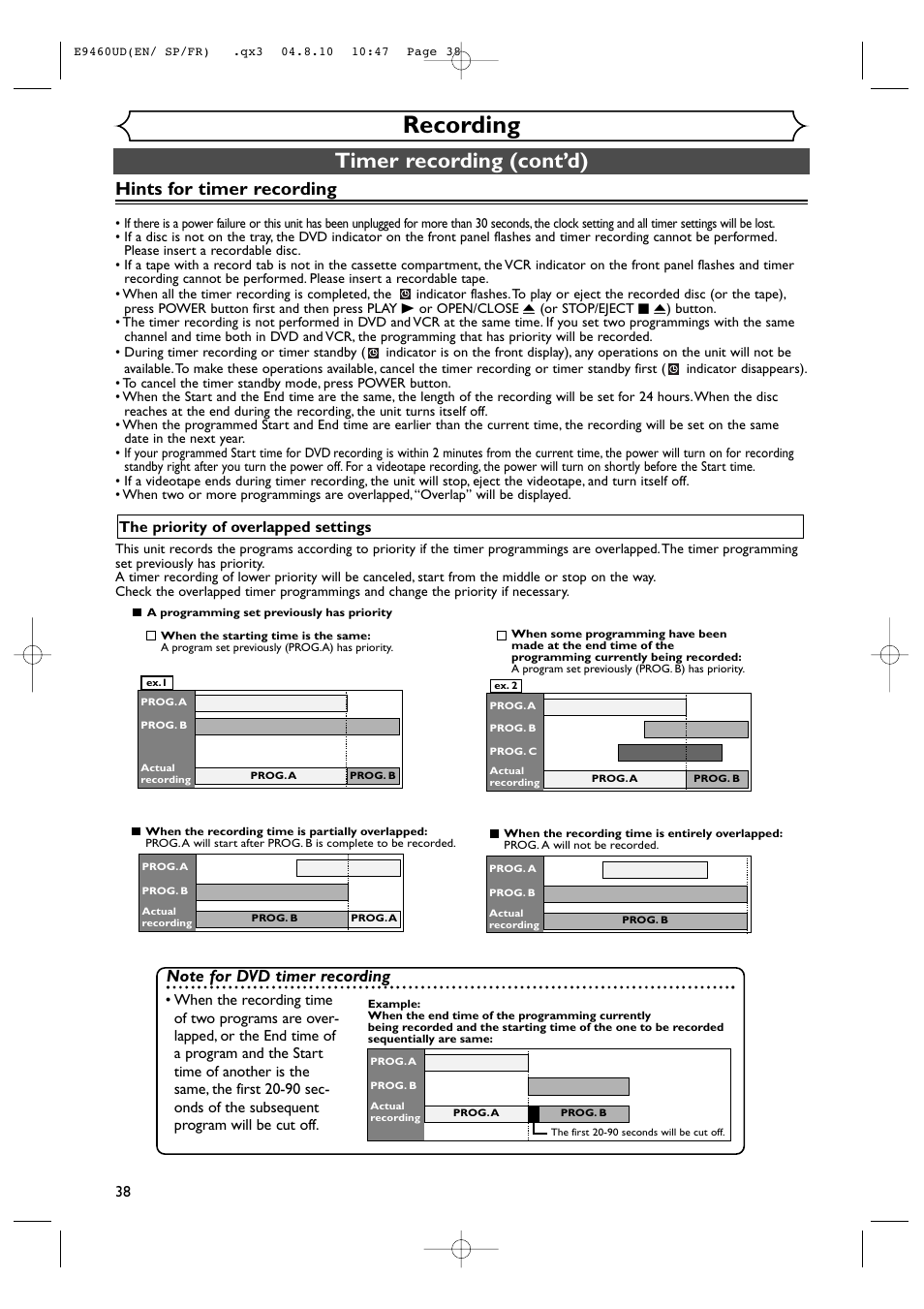 Recording, Timer recording (cont’d), Hints for timer recording | FUNAI FDRV90E User Manual | Page 38 / 116