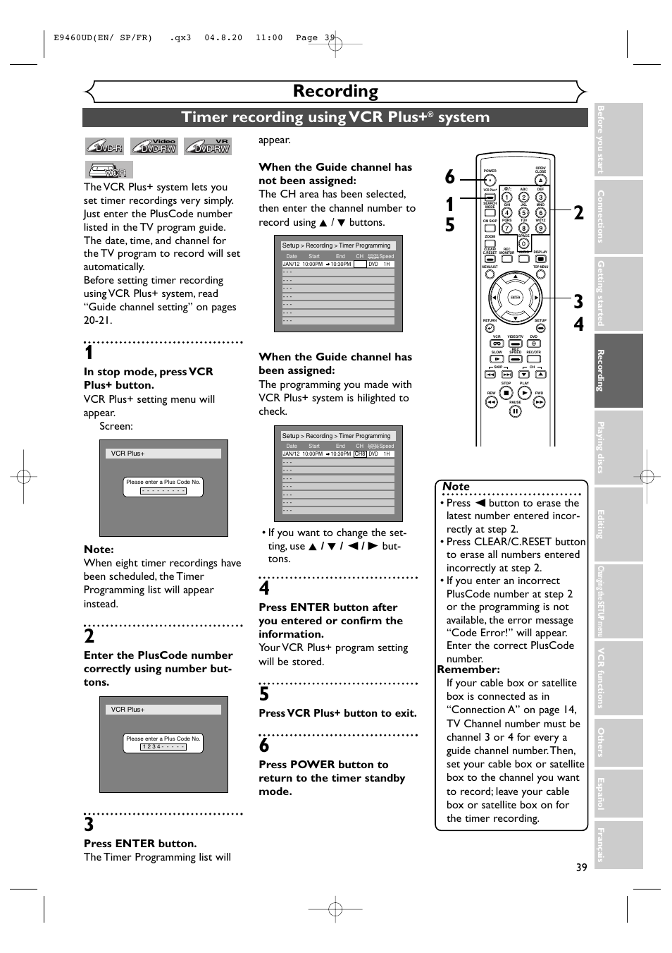 Recording, Timer recording using vcr plus, System | Press vcr plus+ button to exit | FUNAI FDRV90E User Manual | Page 39 / 116