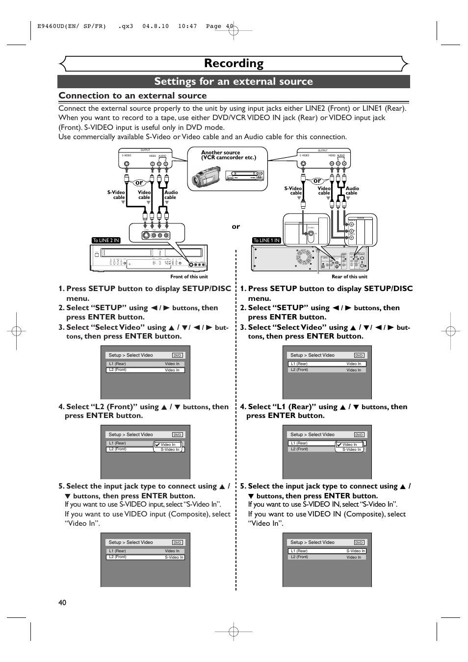 Recording, Settings for an external source, Connection to an external source | Or 40, B buttons, B but- tons, Buttons, Component video out | FUNAI FDRV90E User Manual | Page 40 / 116