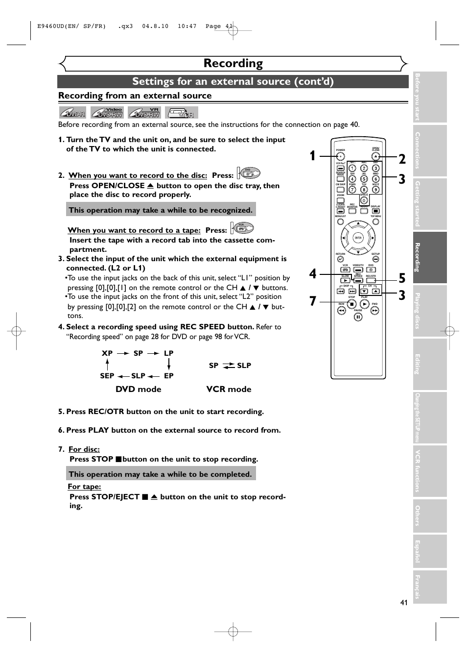 Recording, Settings for an external source (cont’d), Recording from an external source | Vcr mode, Dvd mode, This operation may take a while to be recognized, Sp slp, Xp sp lp ep slp | FUNAI FDRV90E User Manual | Page 41 / 116
