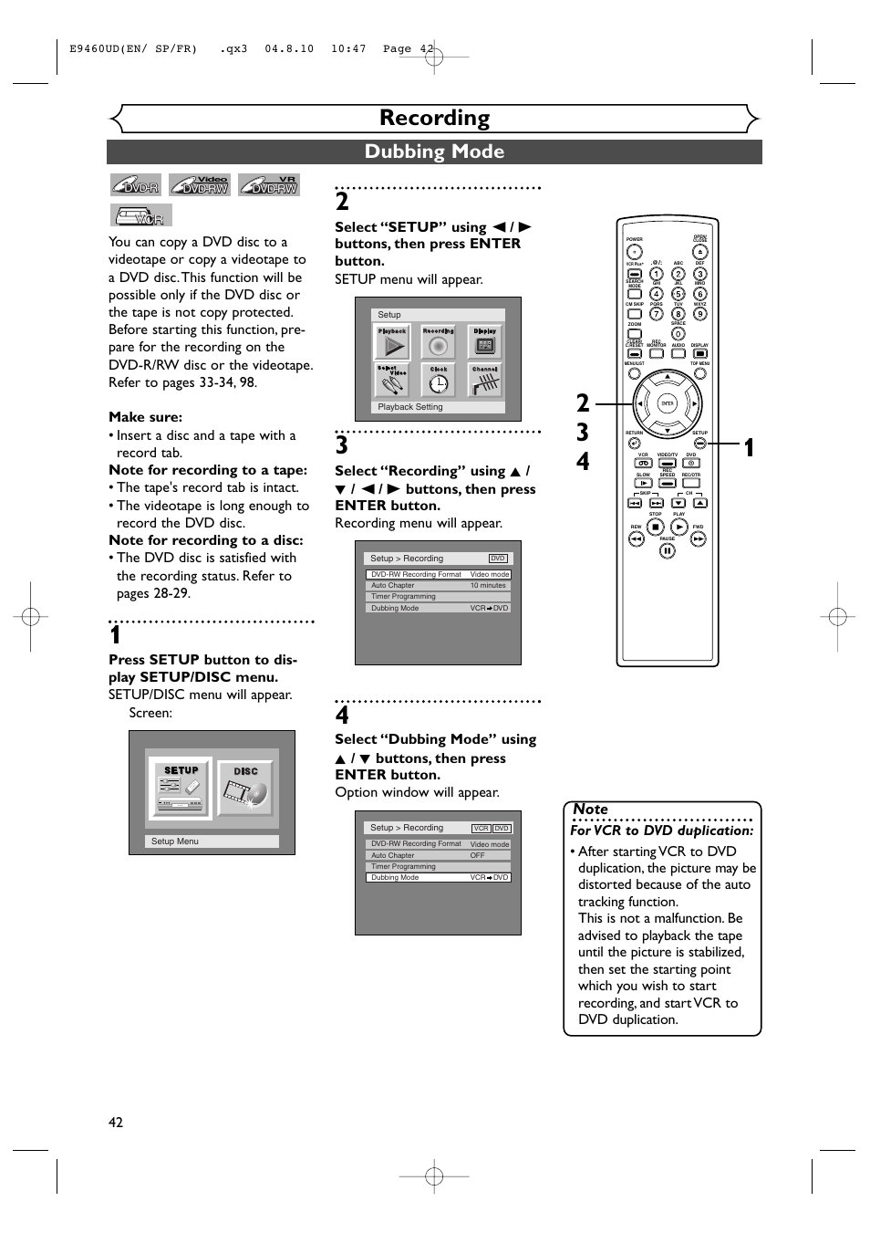 Recording, Dubbing mode | FUNAI FDRV90E User Manual | Page 42 / 116