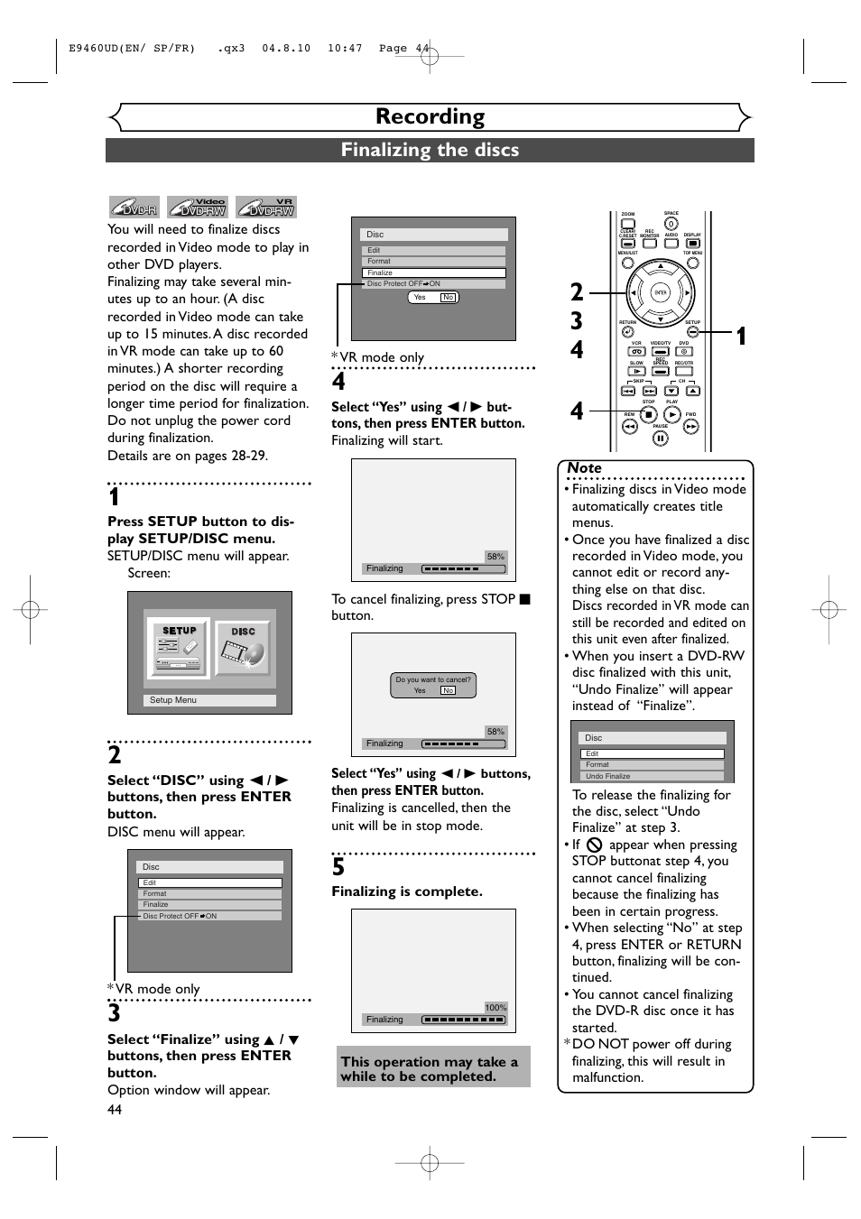 Recording, Finalizing the discs | FUNAI FDRV90E User Manual | Page 44 / 116