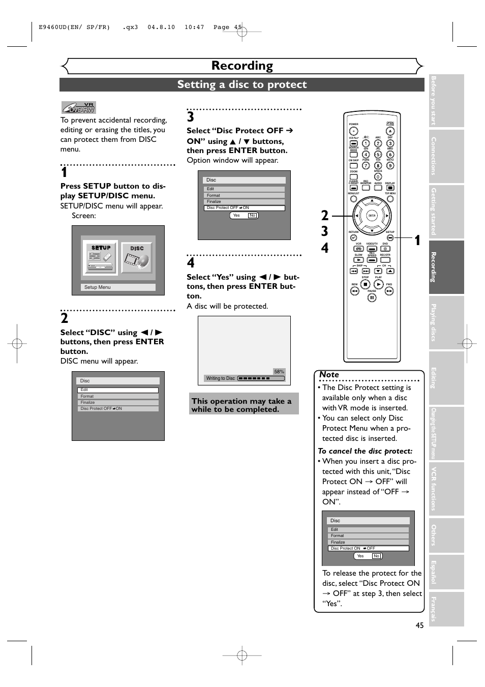 Recording, Setting a disc to protect | FUNAI FDRV90E User Manual | Page 45 / 116