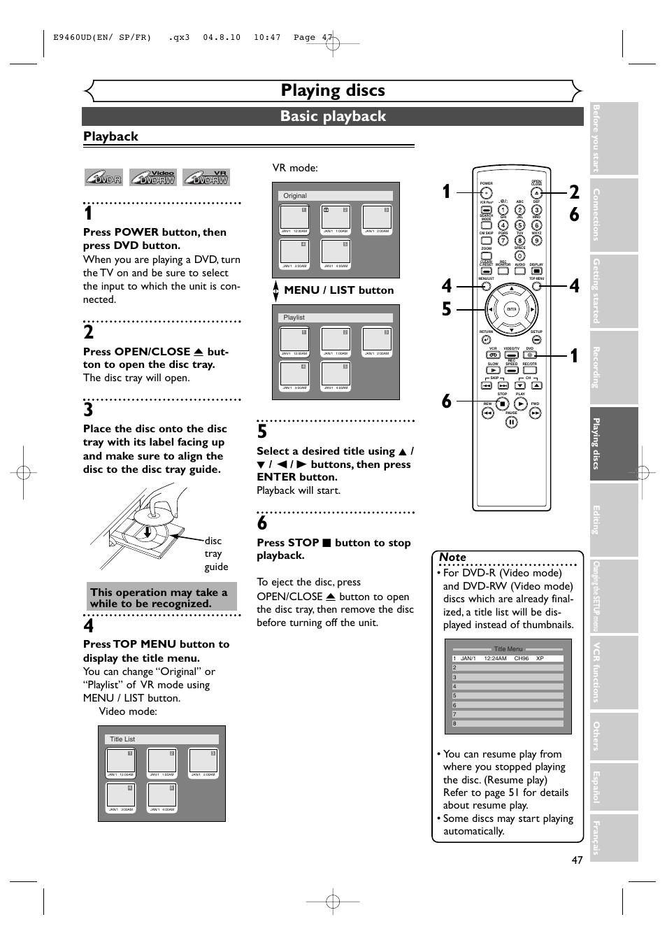 Playing discs, Basic playback, Playback | This operation may take a while to be recognized, Disc tray guide | FUNAI FDRV90E User Manual | Page 47 / 116