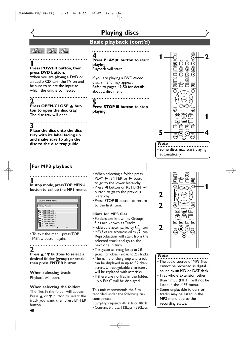 Playing discs, Basic playback (cont’d), For mp3 playback | Press stop c button to stop playing, Some discs may start playing automatically | FUNAI FDRV90E User Manual | Page 48 / 116