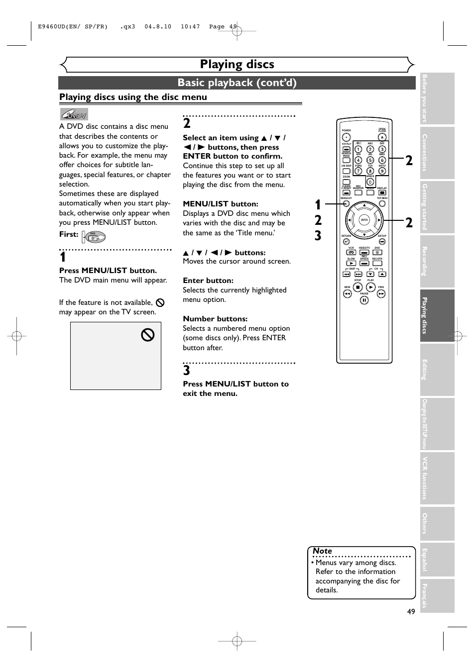 Playing discs, Basic playback (cont’d), Playing discs using the disc menu | Press menu/list button to exit the menu | FUNAI FDRV90E User Manual | Page 49 / 116