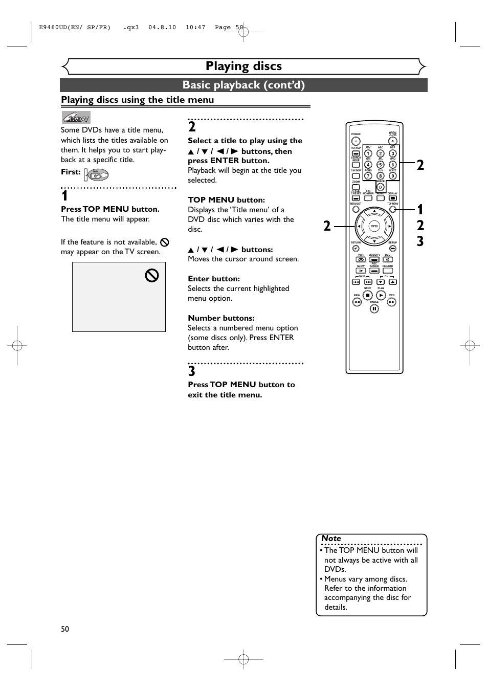 Playing discs, Basic playback (cont’d), Playing discs using the title menu | Press top menu button to exit the title menu | FUNAI FDRV90E User Manual | Page 50 / 116