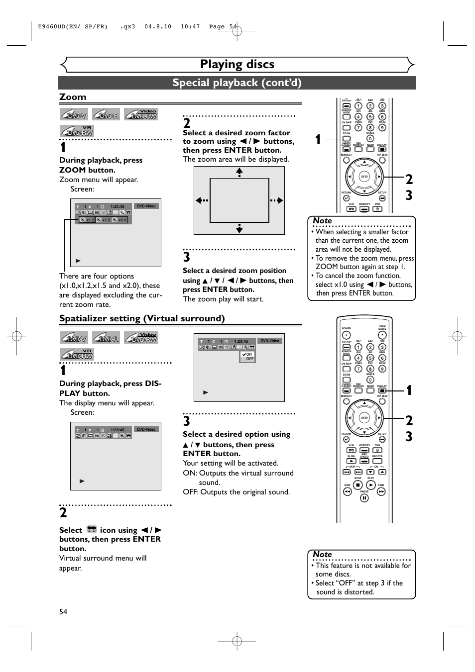 Playing discs, Special playback (cont’d), Zoom | Spatializer setting (virtual surround) | FUNAI FDRV90E User Manual | Page 54 / 116