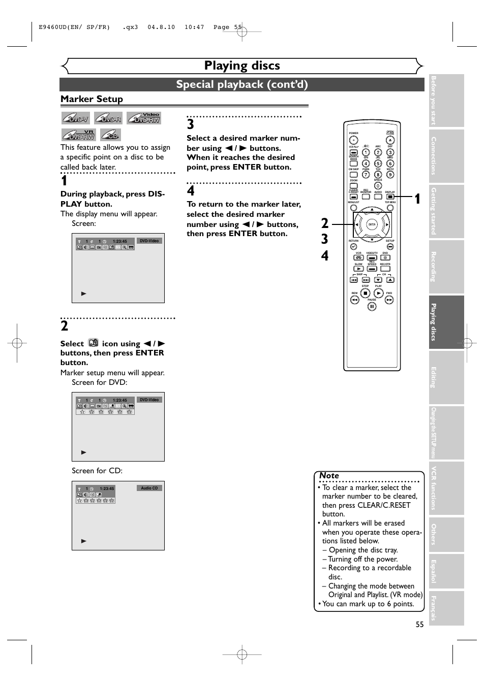 Playing discs, Special playback (cont’d), Marker setup | FUNAI FDRV90E User Manual | Page 55 / 116