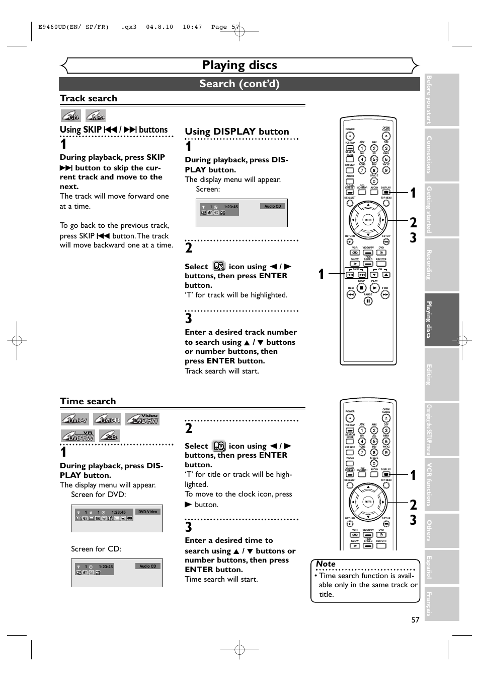 Playing discs, Search (cont’d), Track search using skip h / g buttons | Using display button, Time search | FUNAI FDRV90E User Manual | Page 57 / 116