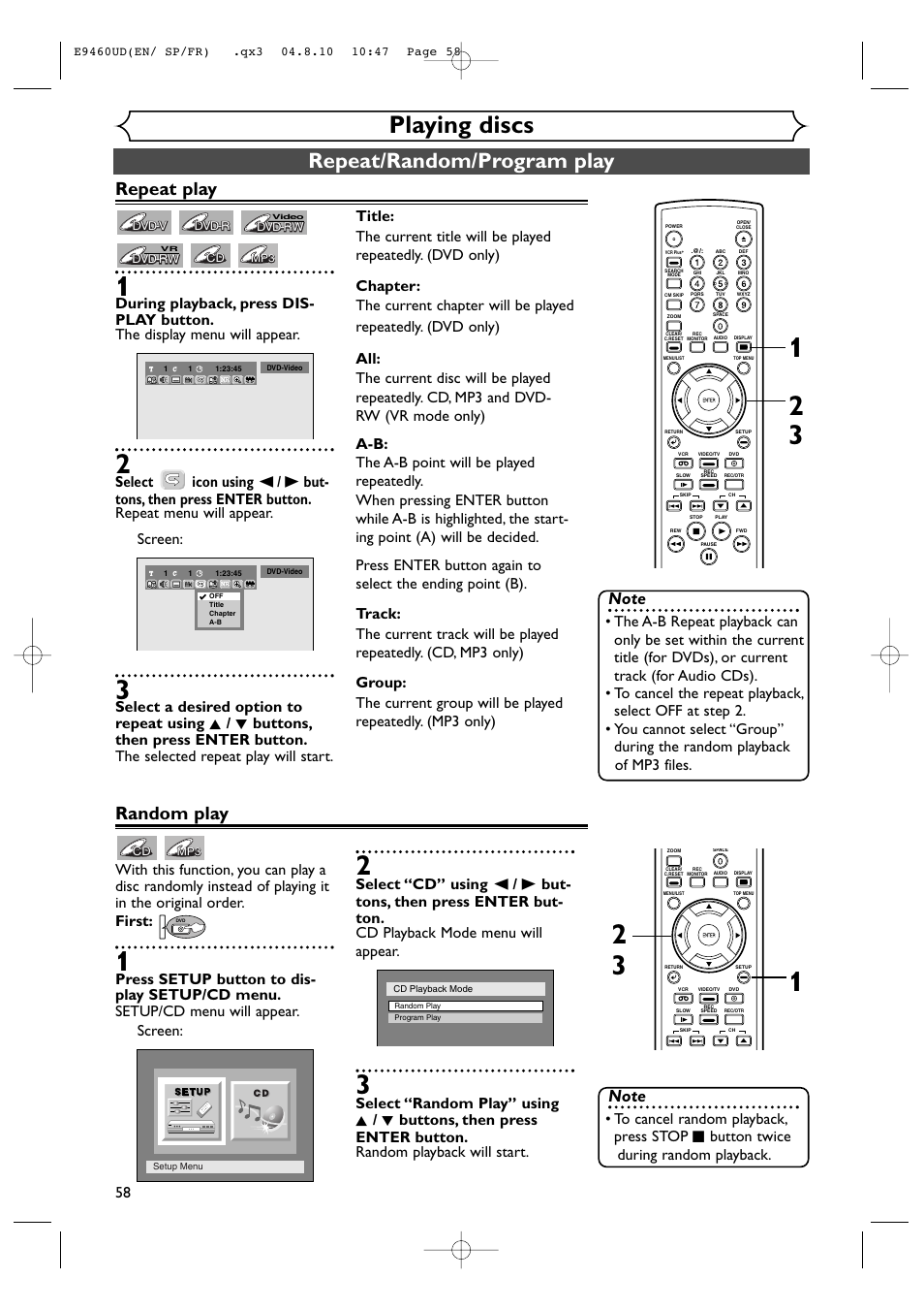 Playing discs, Repeat/random/program play, Repeat play | Random play | FUNAI FDRV90E User Manual | Page 58 / 116