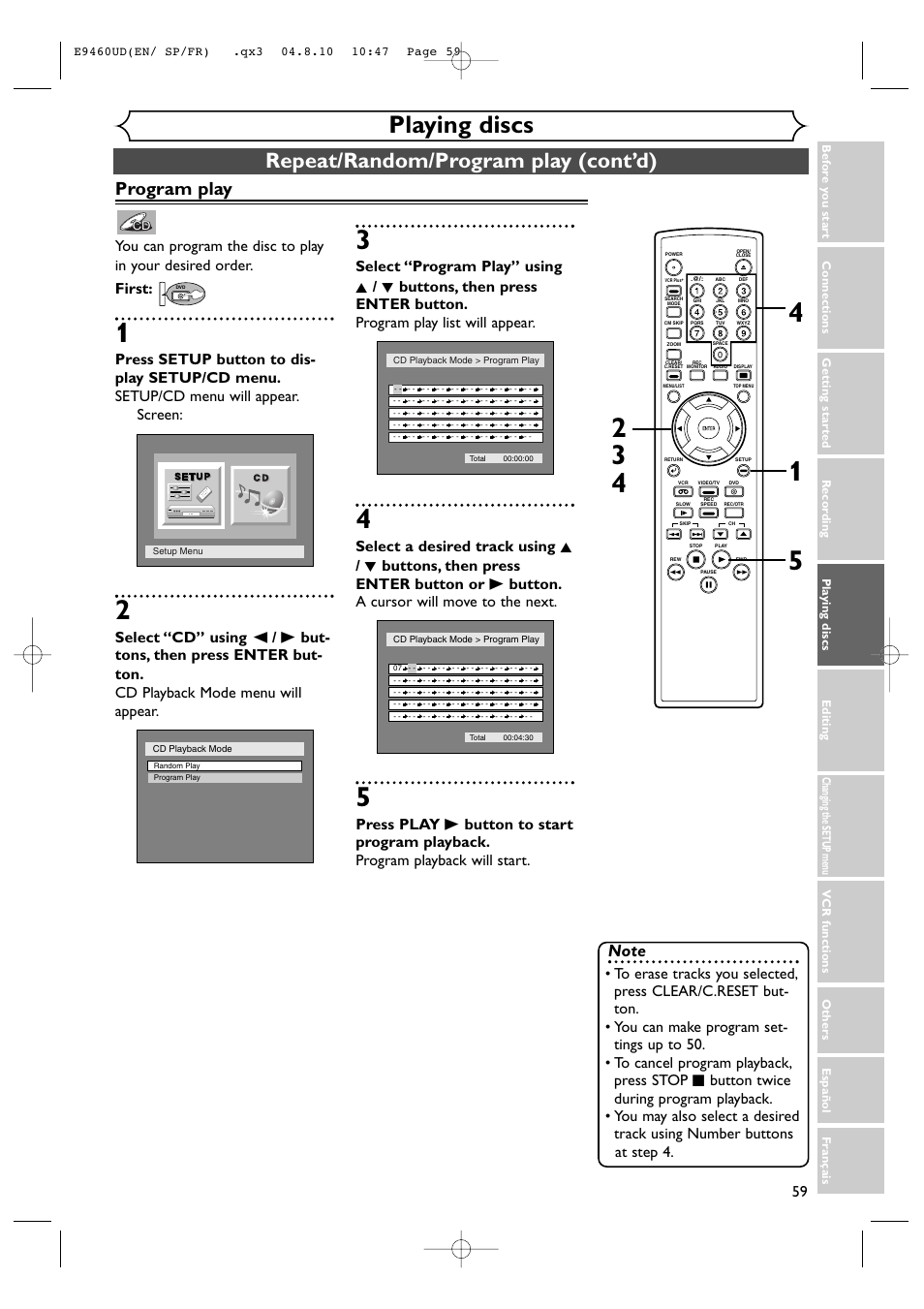 Playing discs, Repeat/random/program play (cont’d), Program play | FUNAI FDRV90E User Manual | Page 59 / 116