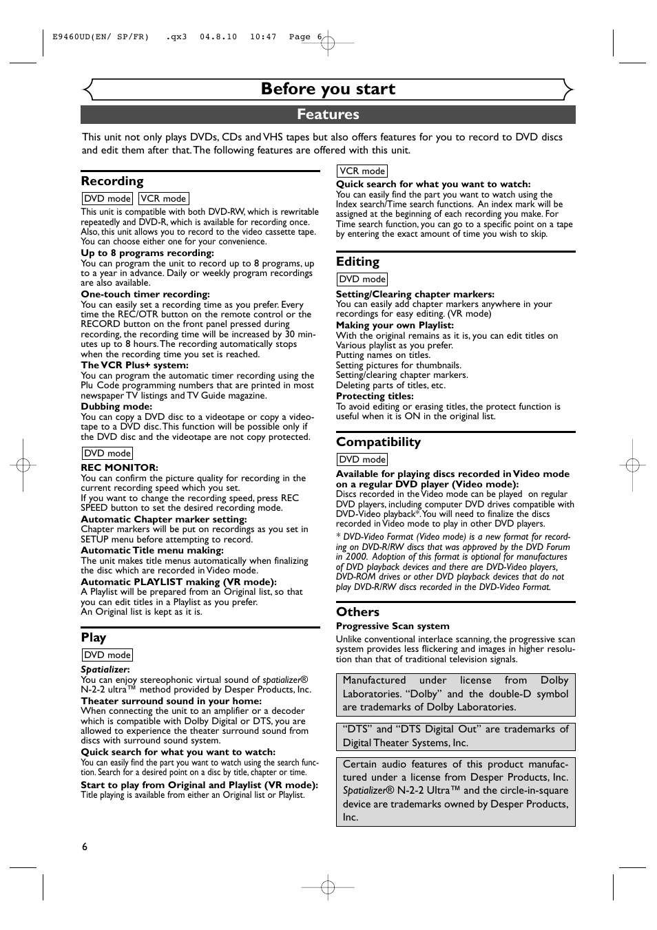 Before you start, Features | FUNAI FDRV90E User Manual | Page 6 / 116