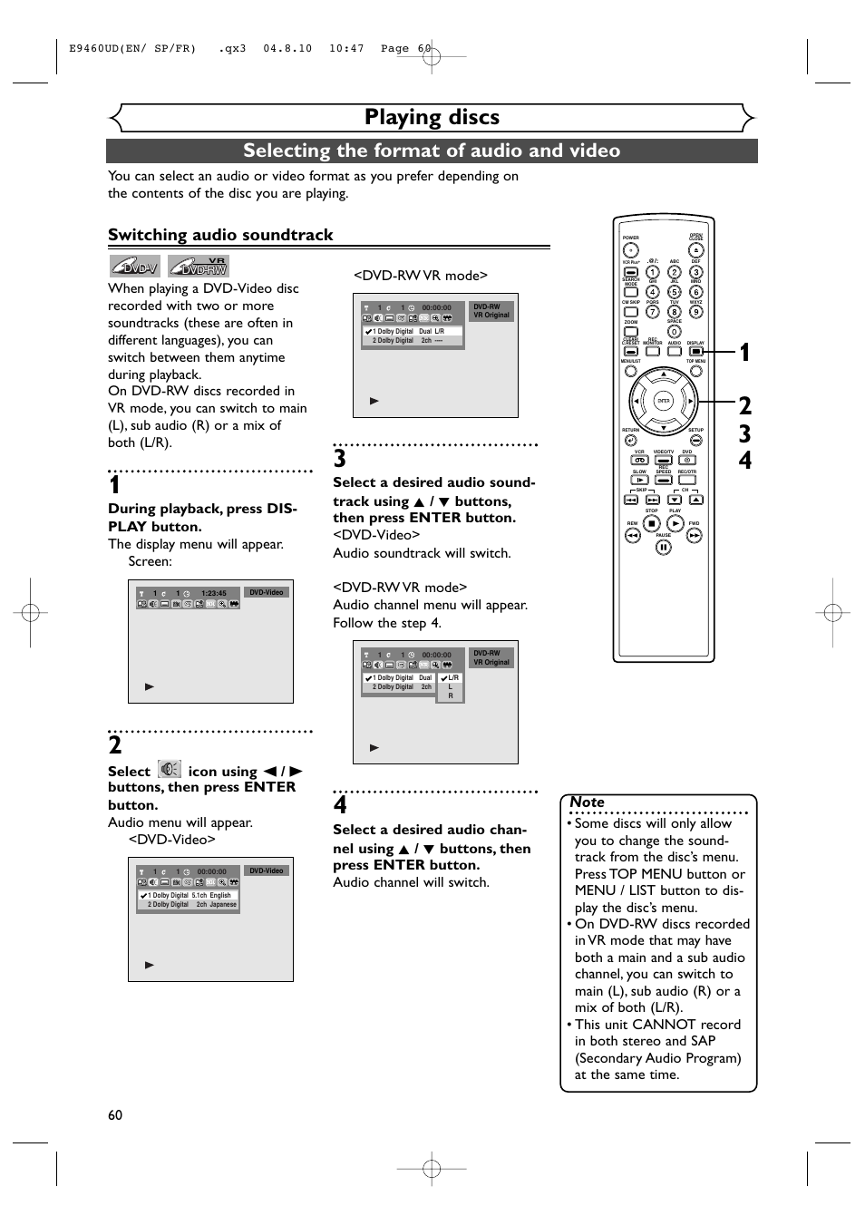 Playing discs, Selecting the format of audio and video, Switching audio soundtrack | FUNAI FDRV90E User Manual | Page 60 / 116