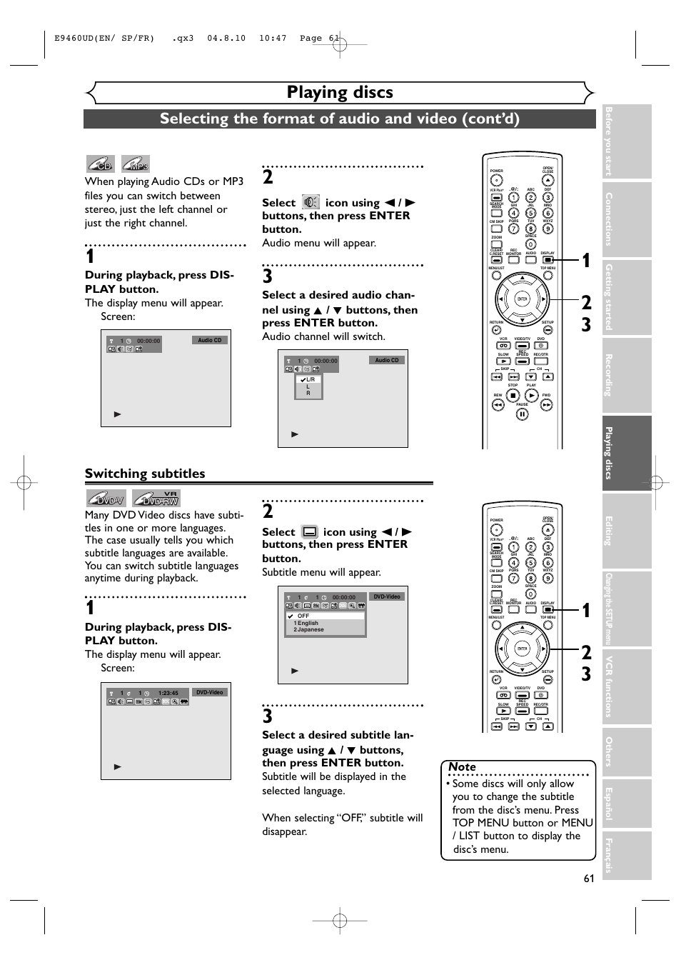 Playing discs, Selecting the format of audio and video (cont’d), Switching subtitles | FUNAI FDRV90E User Manual | Page 61 / 116