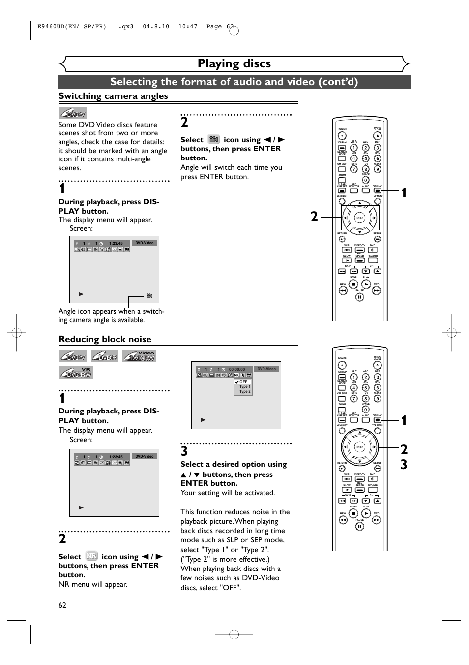 Playing discs, Selecting the format of audio and video (cont’d), Switching camera angles | Reducing block noise | FUNAI FDRV90E User Manual | Page 62 / 116
