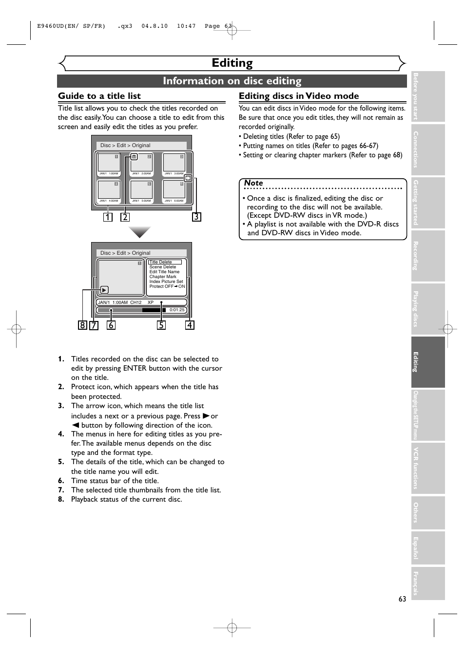 Editing, Information on disc editing, Guide to a title list | Editing discs in video mode | FUNAI FDRV90E User Manual | Page 63 / 116