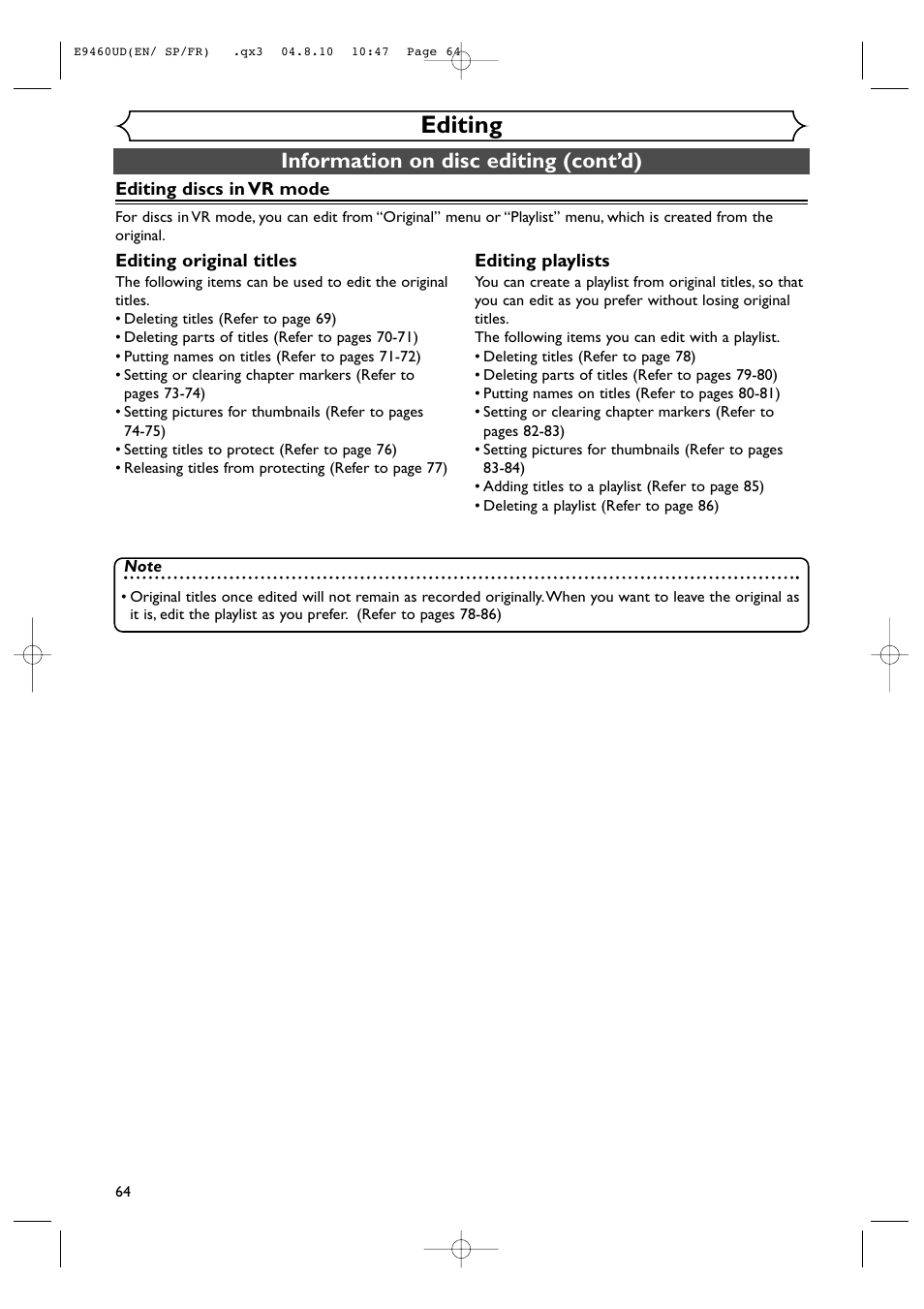 Editing, Information on disc editing (cont’d) | FUNAI FDRV90E User Manual | Page 64 / 116